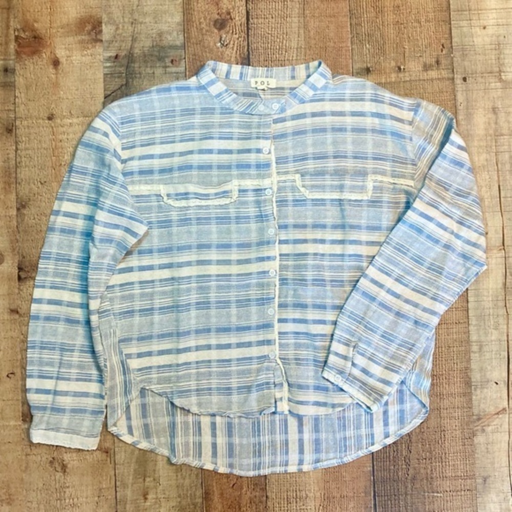 POL‎ Blue White Striped Lace Trim Button Down Shirt Band Collar Cotton Medium